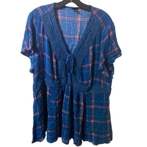 Torrid Babydoll Crinkle Gauze Crochet Inset Lace Up Top